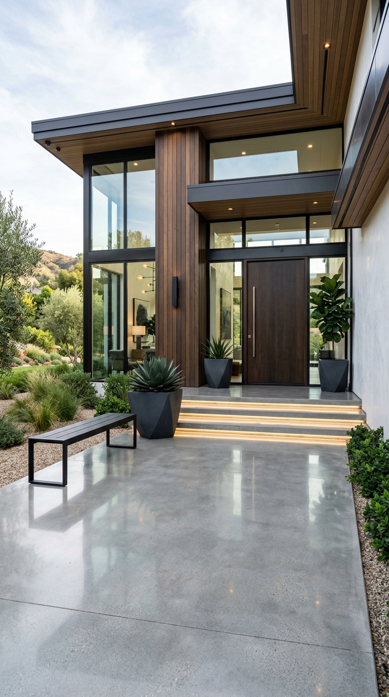 Polished concrete porch floor on a luxury contemporary home with architectural plants