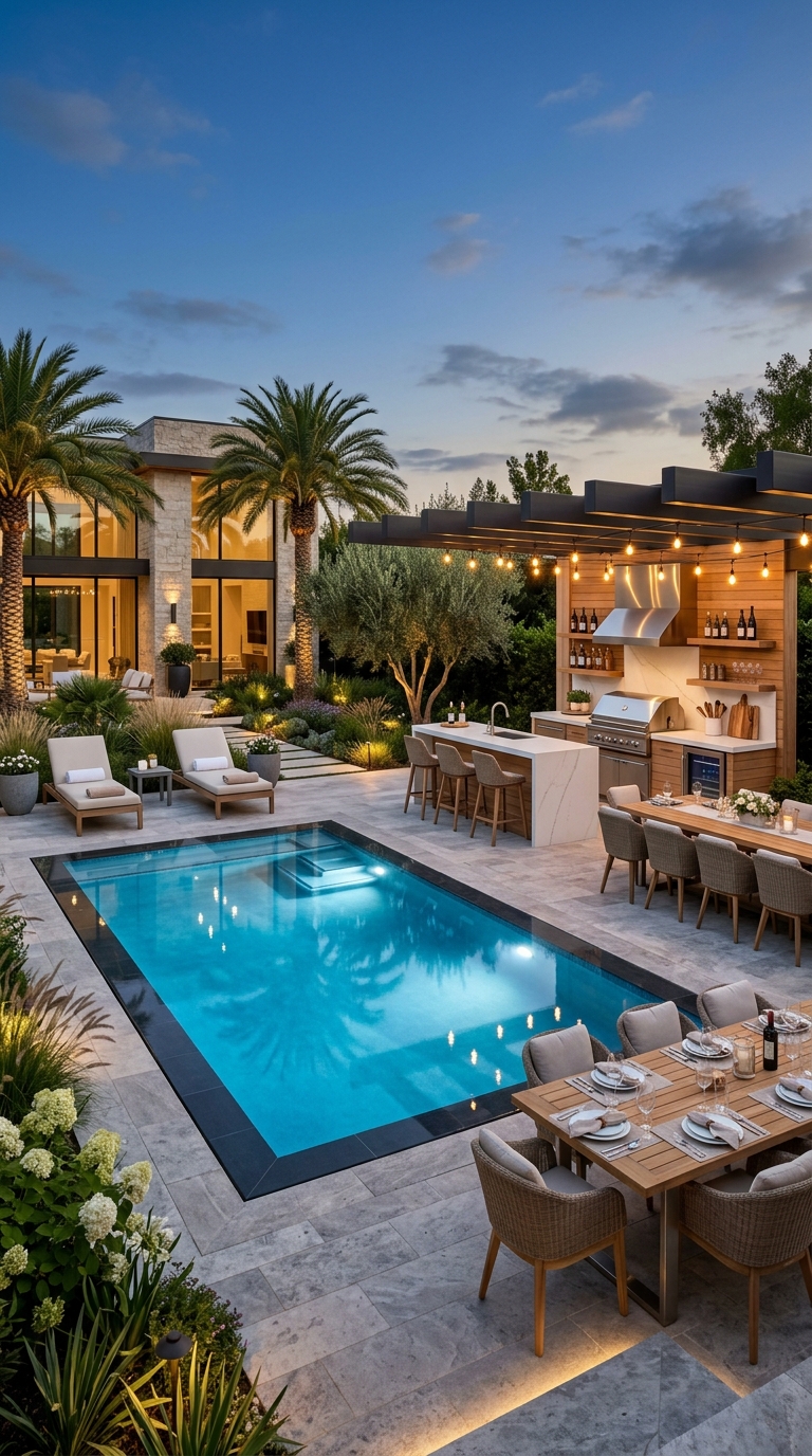 Modern backyard pool with outdoor BBQ kitchen and entertainment area.