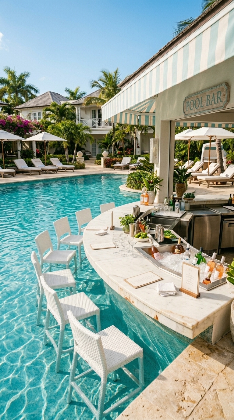 Luxury backyard pool bar with swim-up seating, white stone countertop, and built-in ice bin in a resort-style outdoor entertaining space