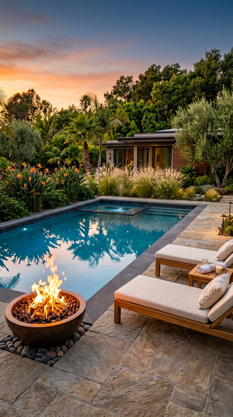 Luxury poolside fire pit with teak loungers and tropical landscaping