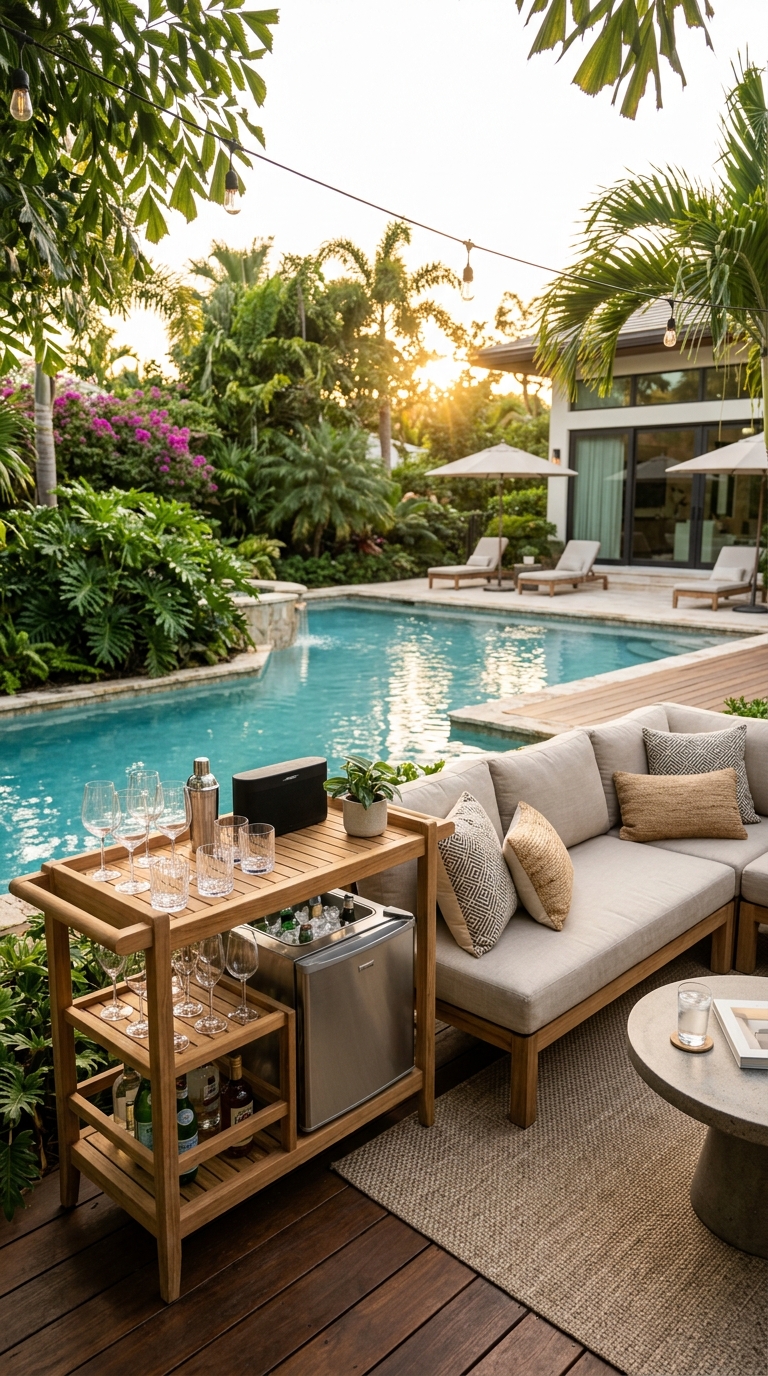 Modern poolside entertainment area with outdoor seating, bar cart, cooler, and stylish backyard decor