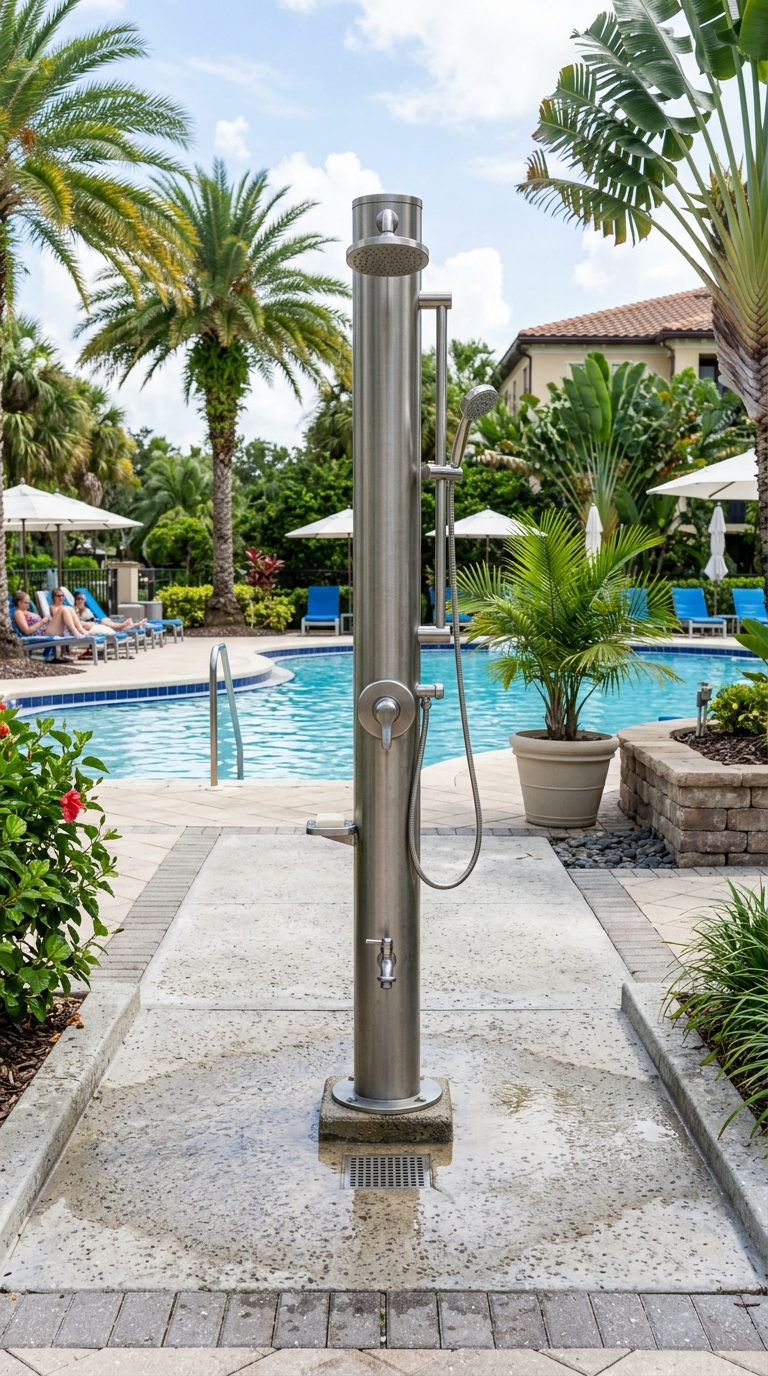 Poolside rinse station outdoor shower with dual heads