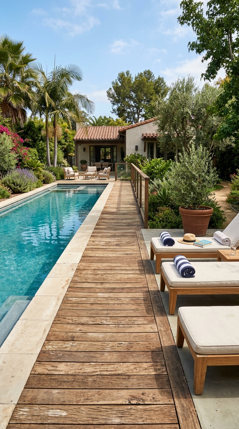 Poolside wooden walkway with slip-resistant composite decking