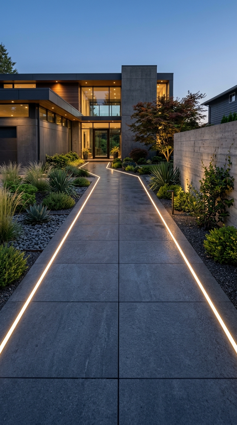 Modern porcelain paver walkway design
