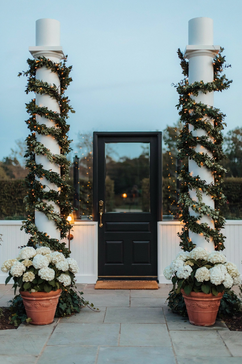 Porch columns wrapped with green garland and fairy lights flanking a black front door with hydrangeas