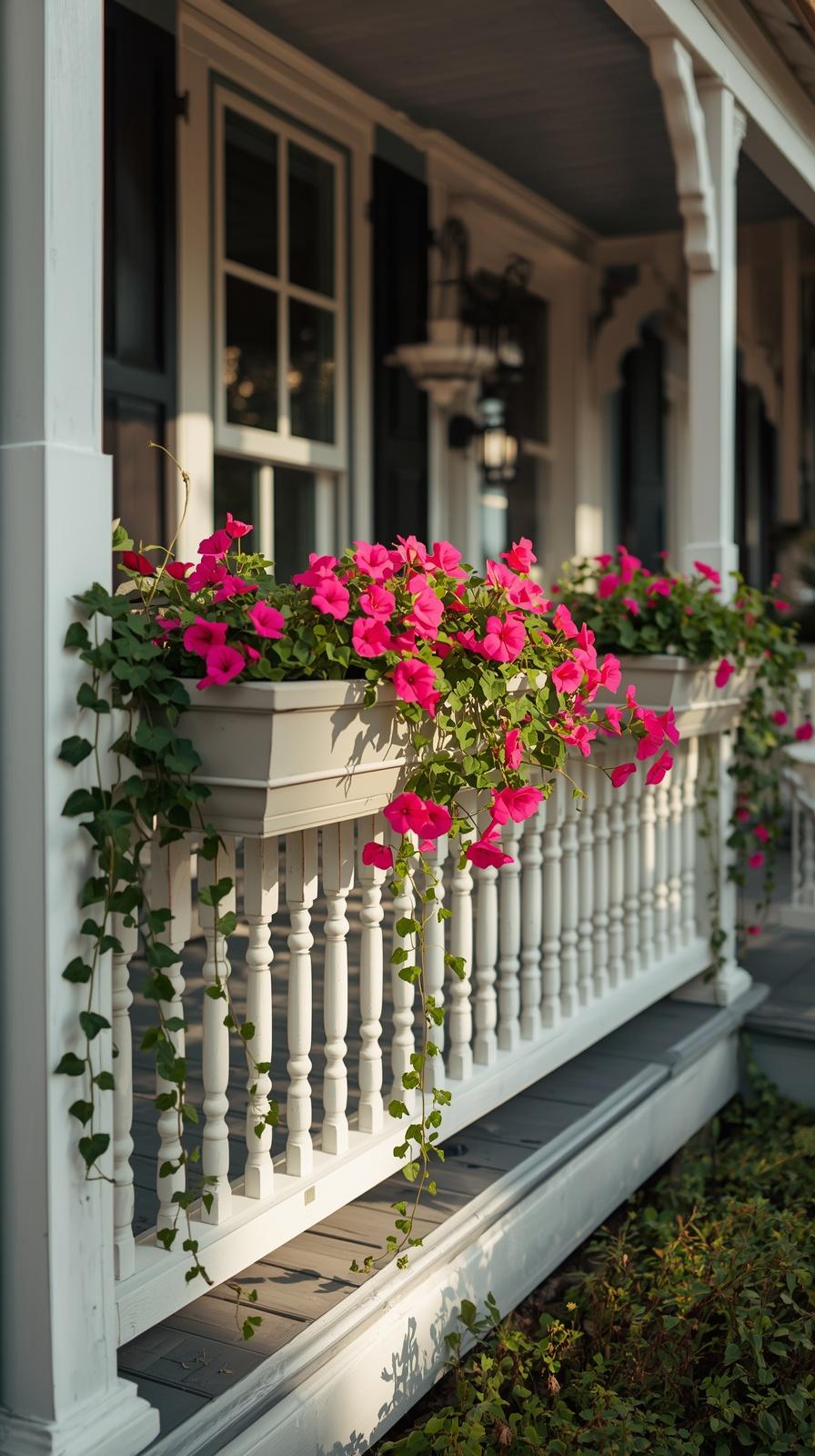 White porch railing with built-in planter boxes filled with pink geraniums and trailing greenery