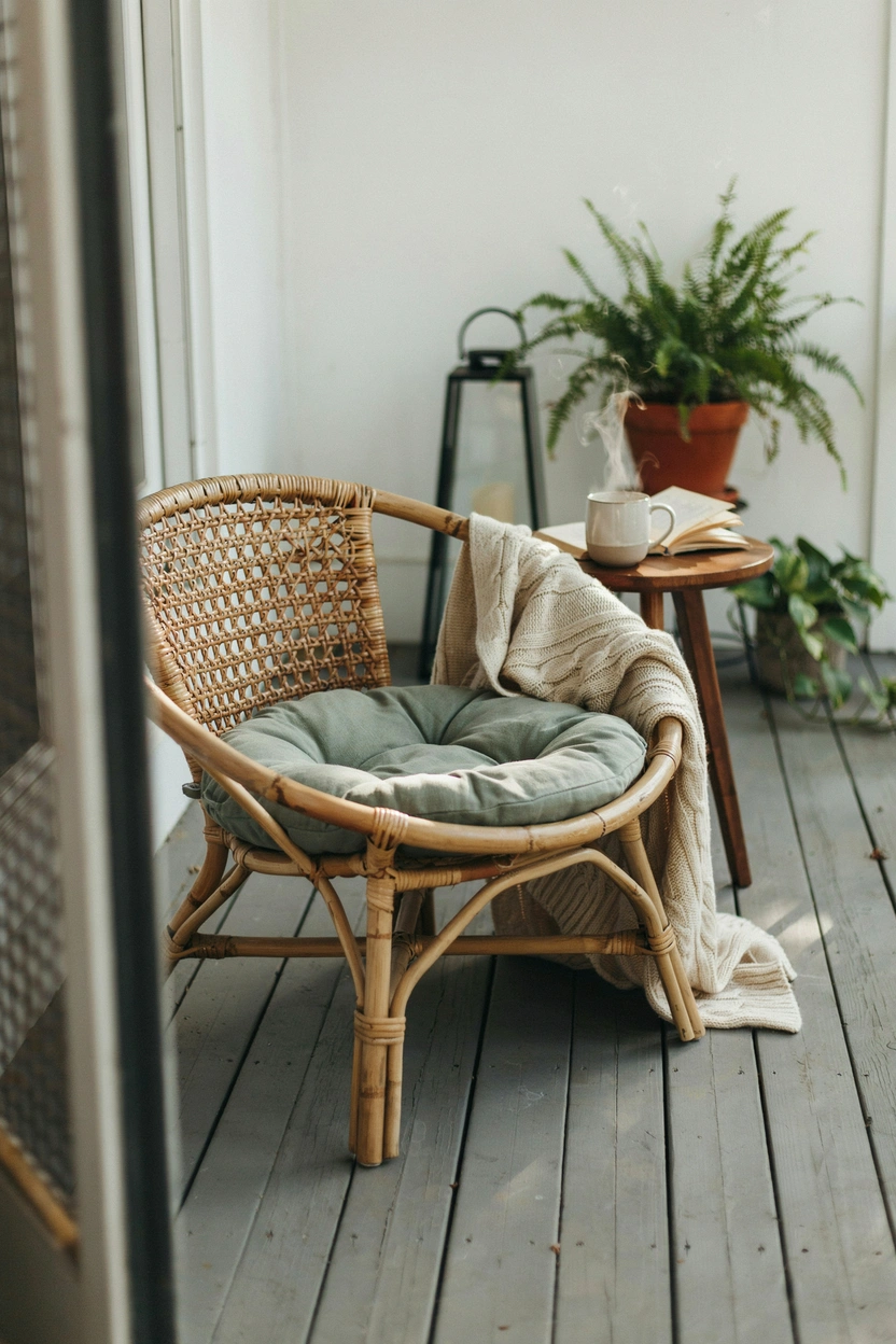 Cozy porch reading nook with wicker armchair, sage cushion, side table, and floor lantern in morning light