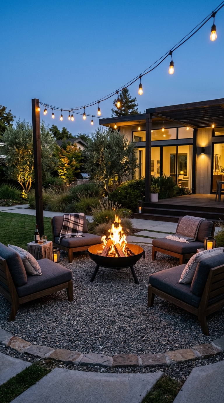 Portable metal bowl fire pit on a gravel pad with modern outdoor seating and string lights