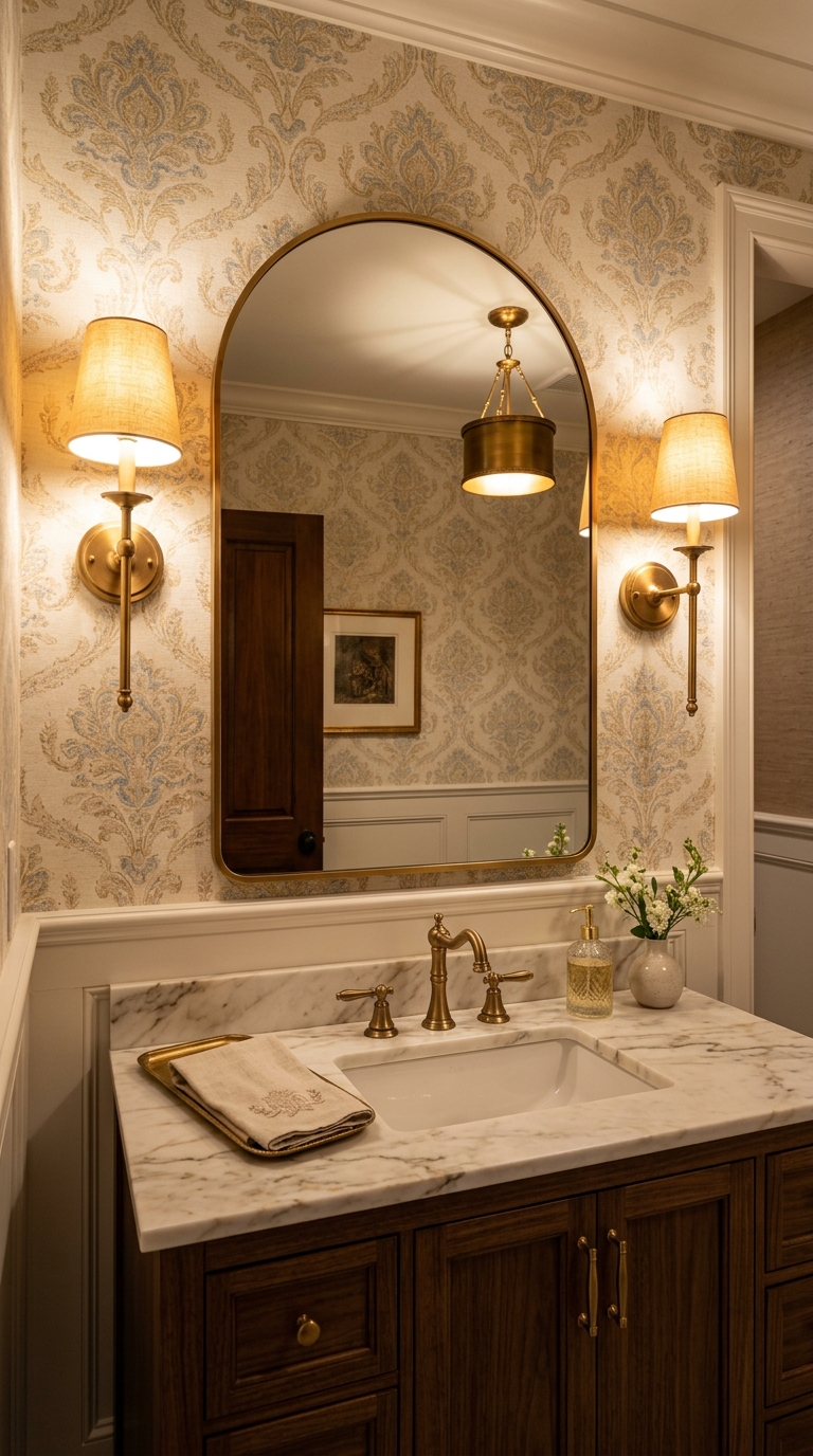Powder room with flanking sconce lighting on each side of vanity mirror