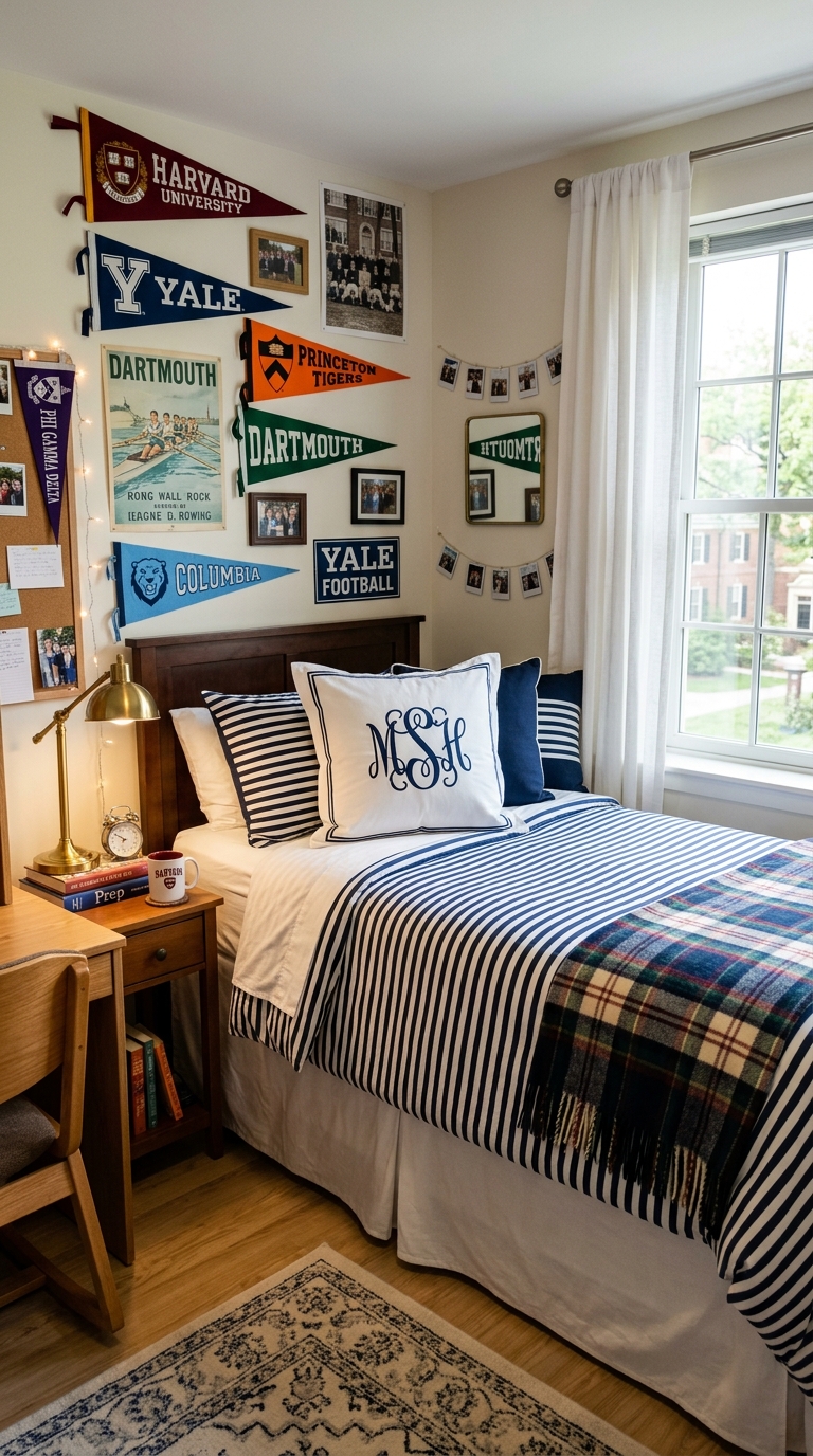 Preppy dorm room with navy striped bedding, plaid throw, monogram pillow, and classic collegiate aesthetic for college