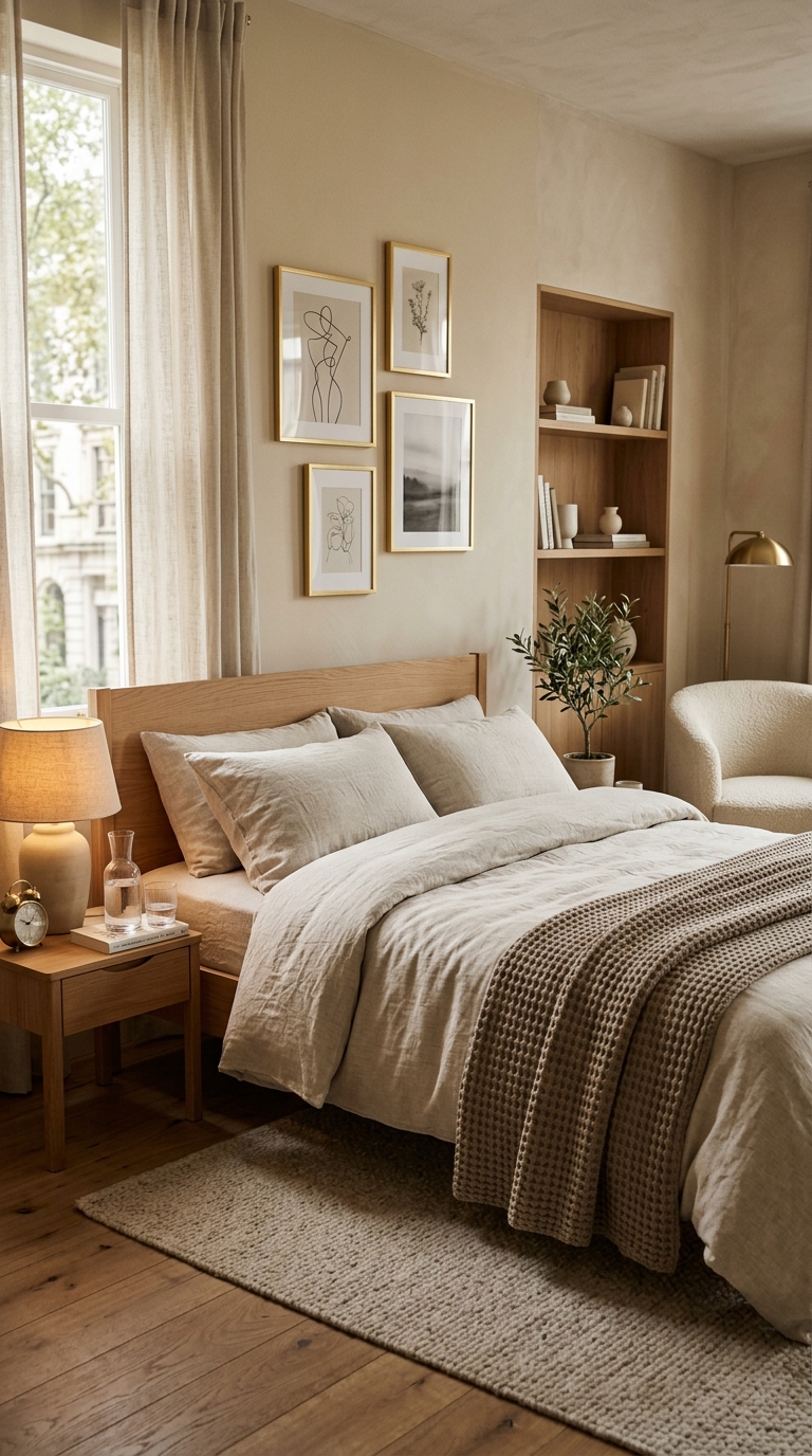 Quiet luxury dorm room with neutral linen bedding, gold frames, and minimalist college bedroom aesthetic