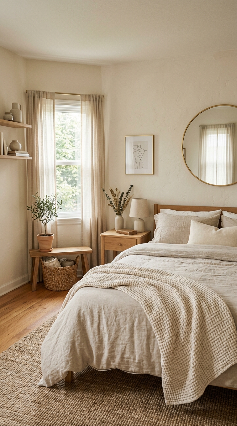 Quiet luxury small bedroom with linen bedding, gold mirror, neutral tones, and elevated minimalist aesthetic