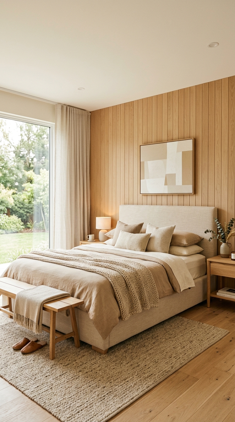 Warm minimalist master bedroom with beige upholstery and wood paneling