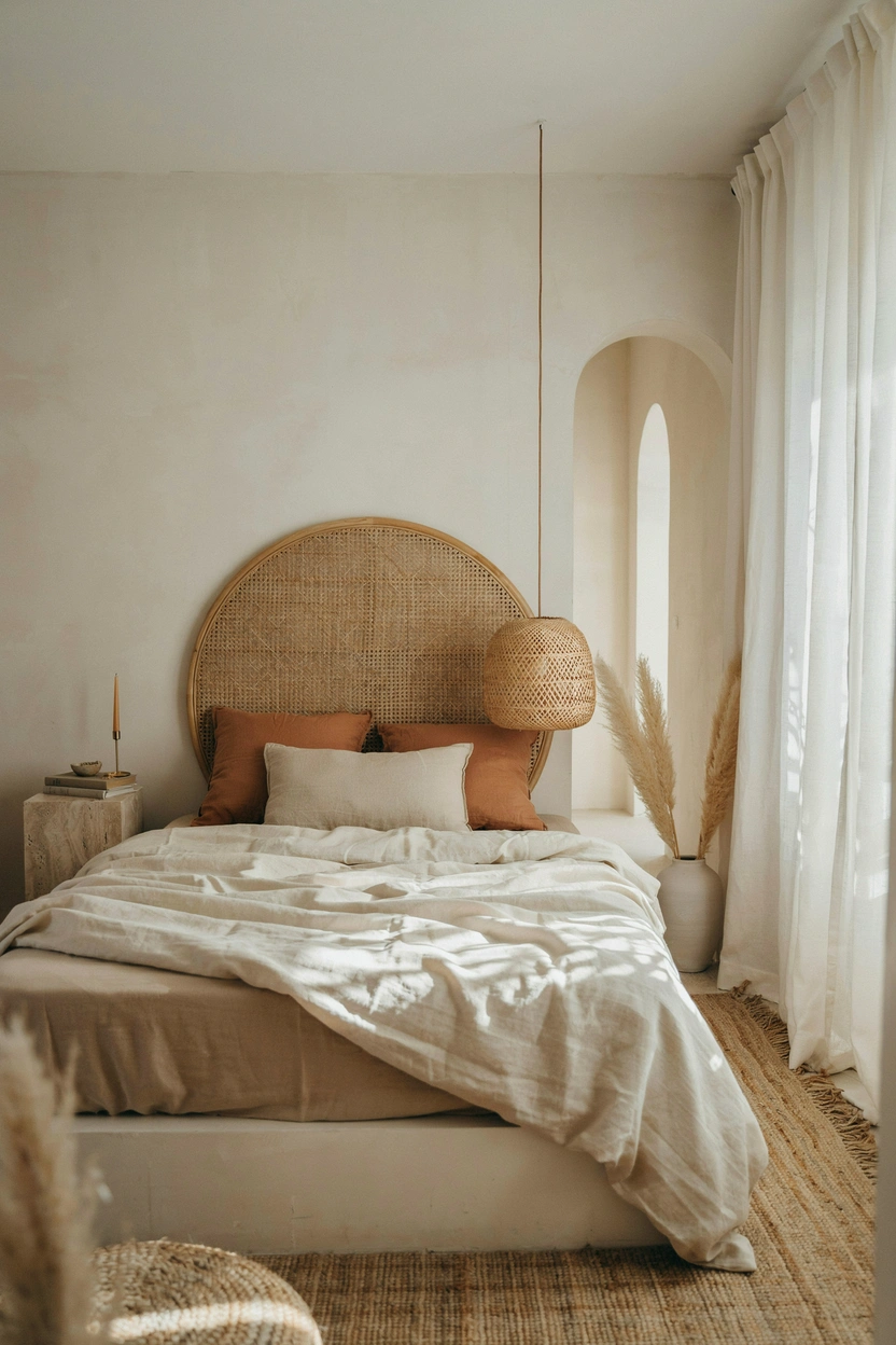 Airy brown boho bedroom with rattan headboard and cane pendant light, terracotta accents, and cream textiles for a warm, earthy aesthetic