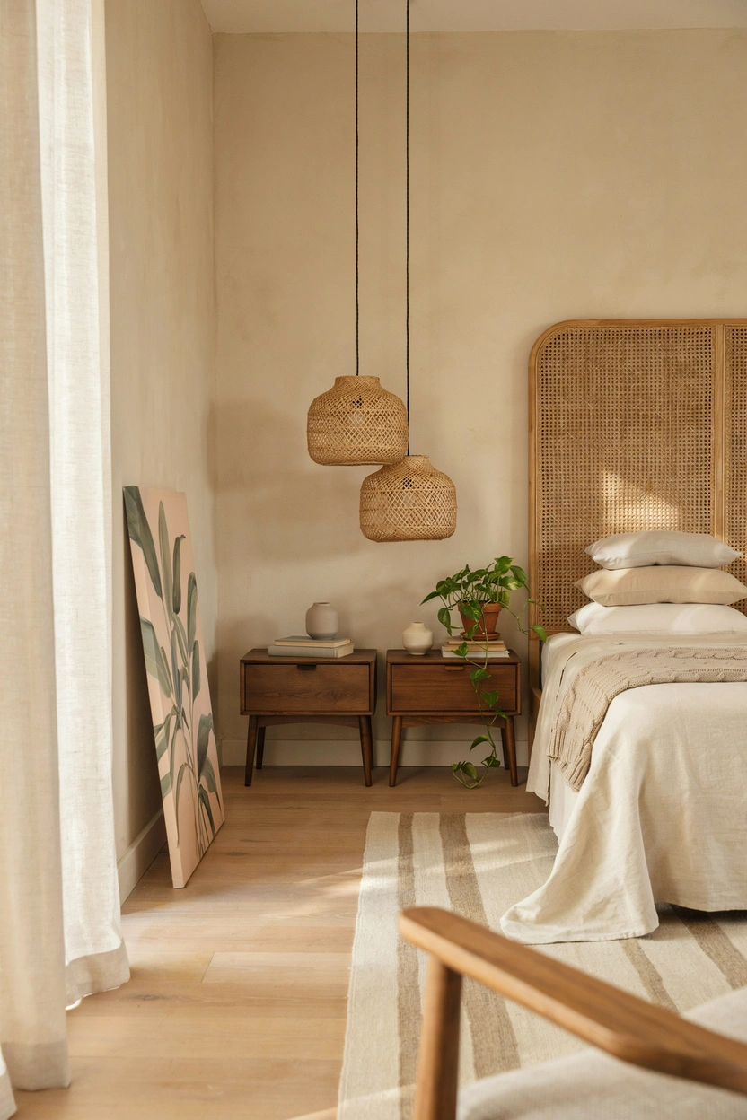 Natural rattan headboard in an earthy bedroom with woven textures and organic decor — boho earthy bedroom idea
