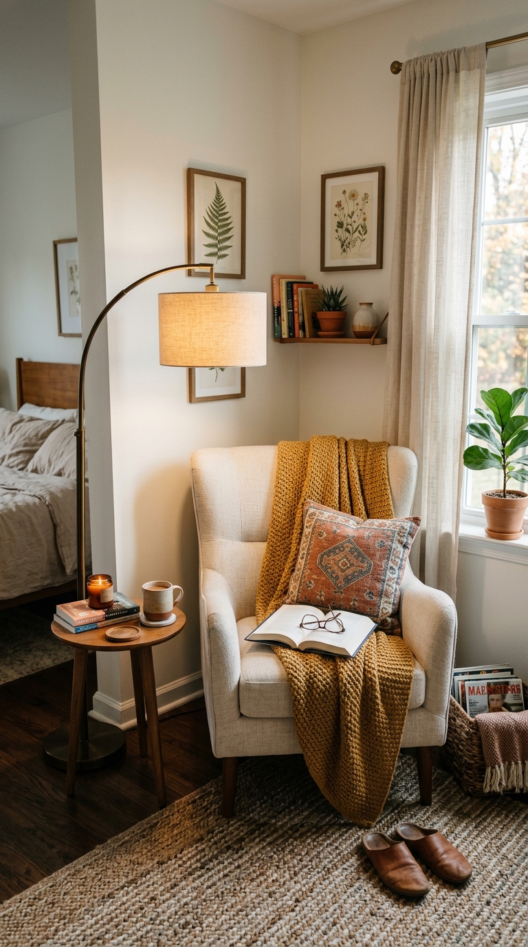 Master bedroom reading nook with accent chair and floor lamp