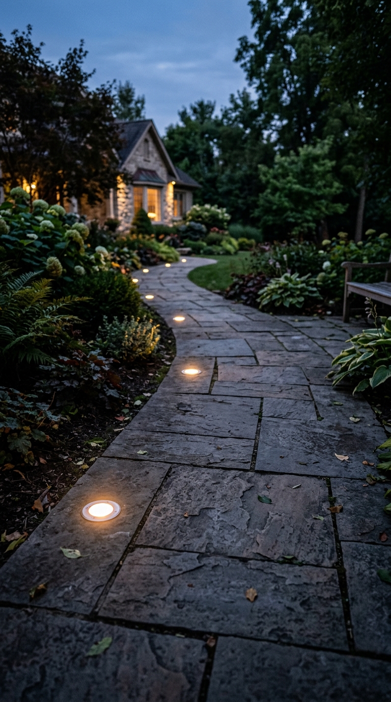Recessed in-ground lighting along a stone paver walkway