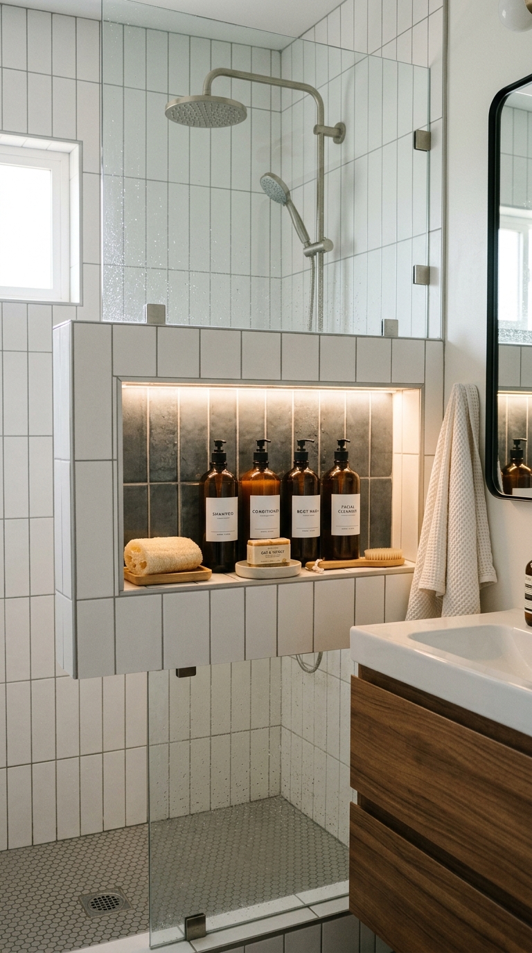 Recessed shelving idea for small bathroom storage