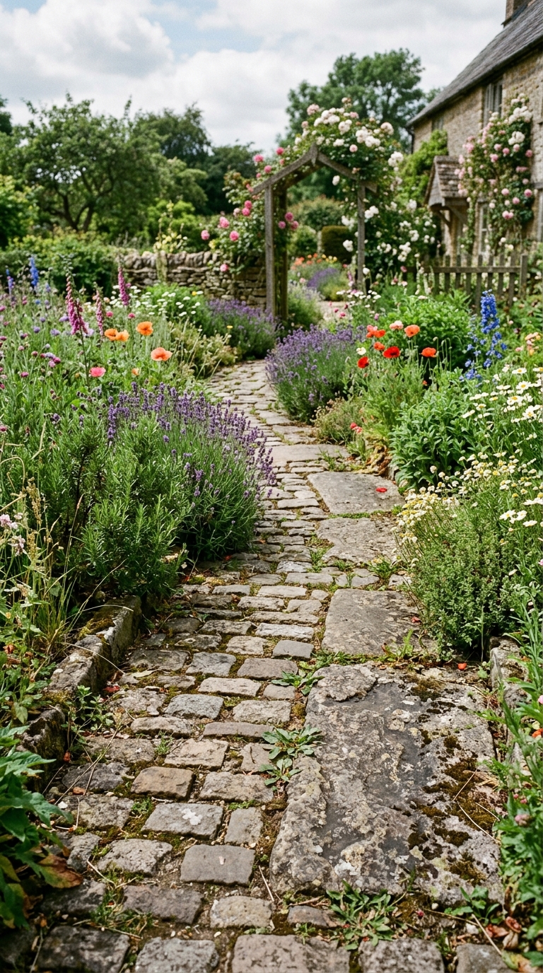 eclaimed cobblestone stepping stone path through a garden with herb borders