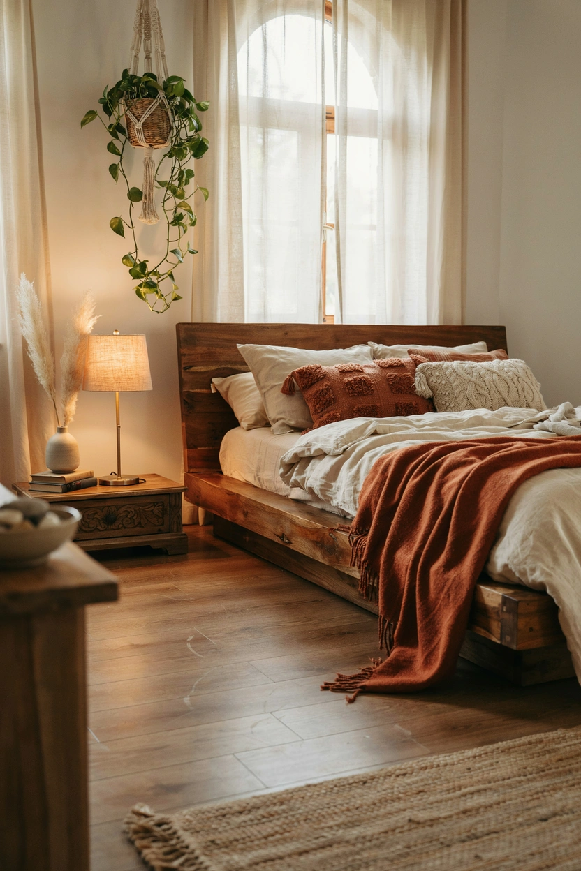 Reclaimed wood bed frame in a warm, earthy bedroom — rustic, natural bedroom furniture idea with organic textures