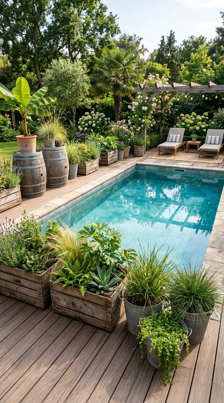 Rustic recycled wooden and galvanized metal planters decorating a stylish backyard swimming pool