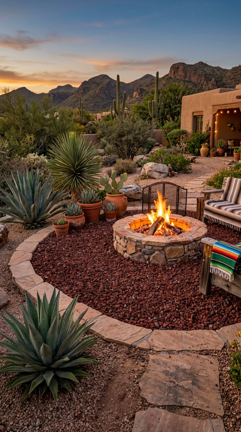 Red lava rock fire pit zone with desert plants and flagstone edging in a southwestern backyard