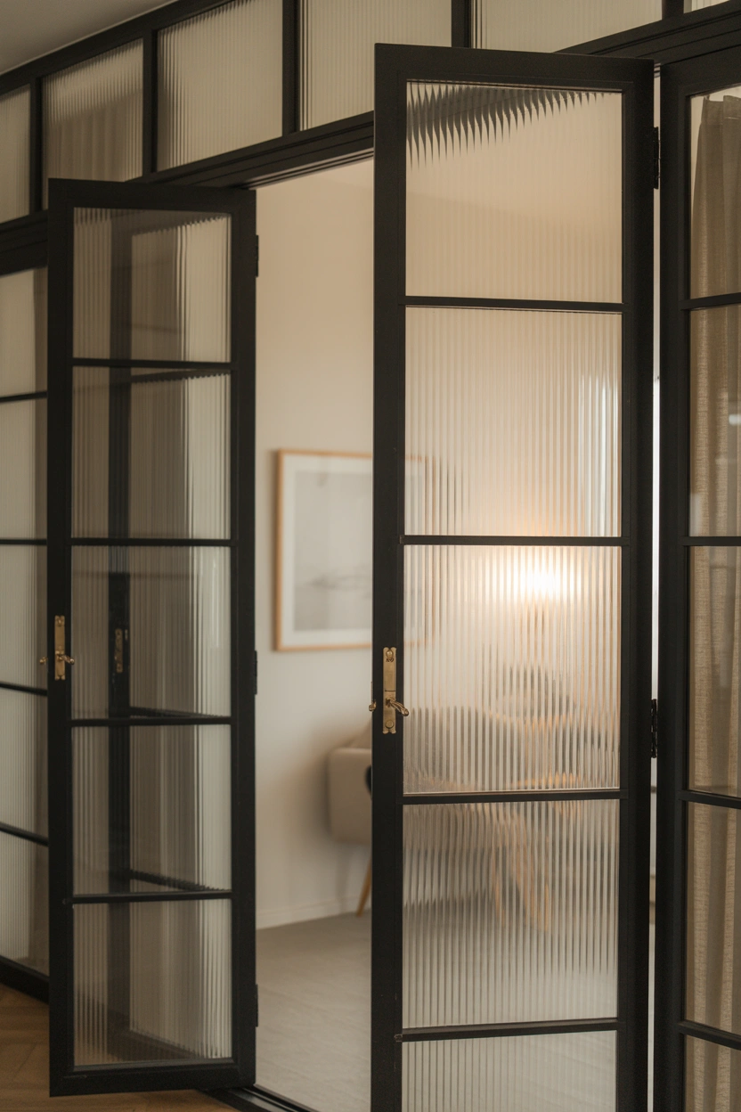 Black-frame French patio doors with reeded ribbed glass panels diffusing soft natural light in a modern garden room