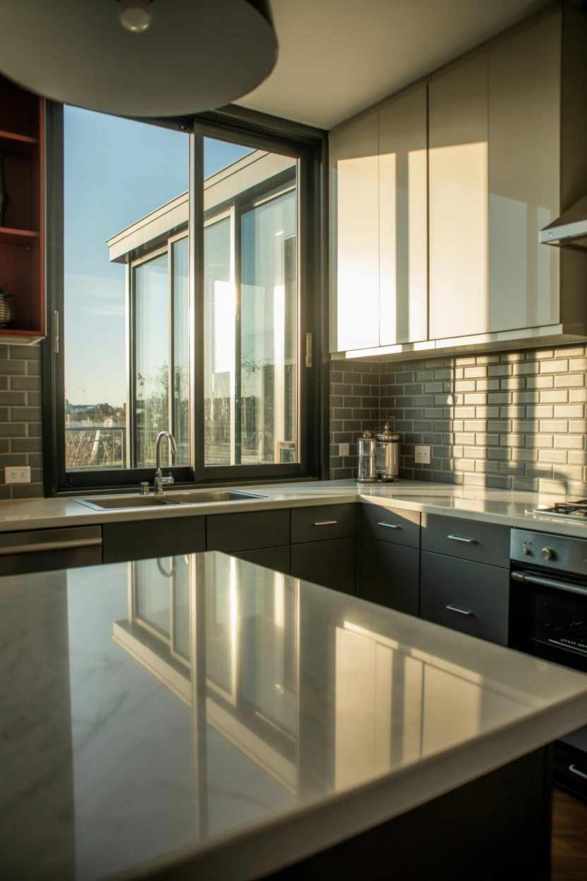 Small kitchen using gloss cabinets and a mirror opposite the patio door to multiply natural light