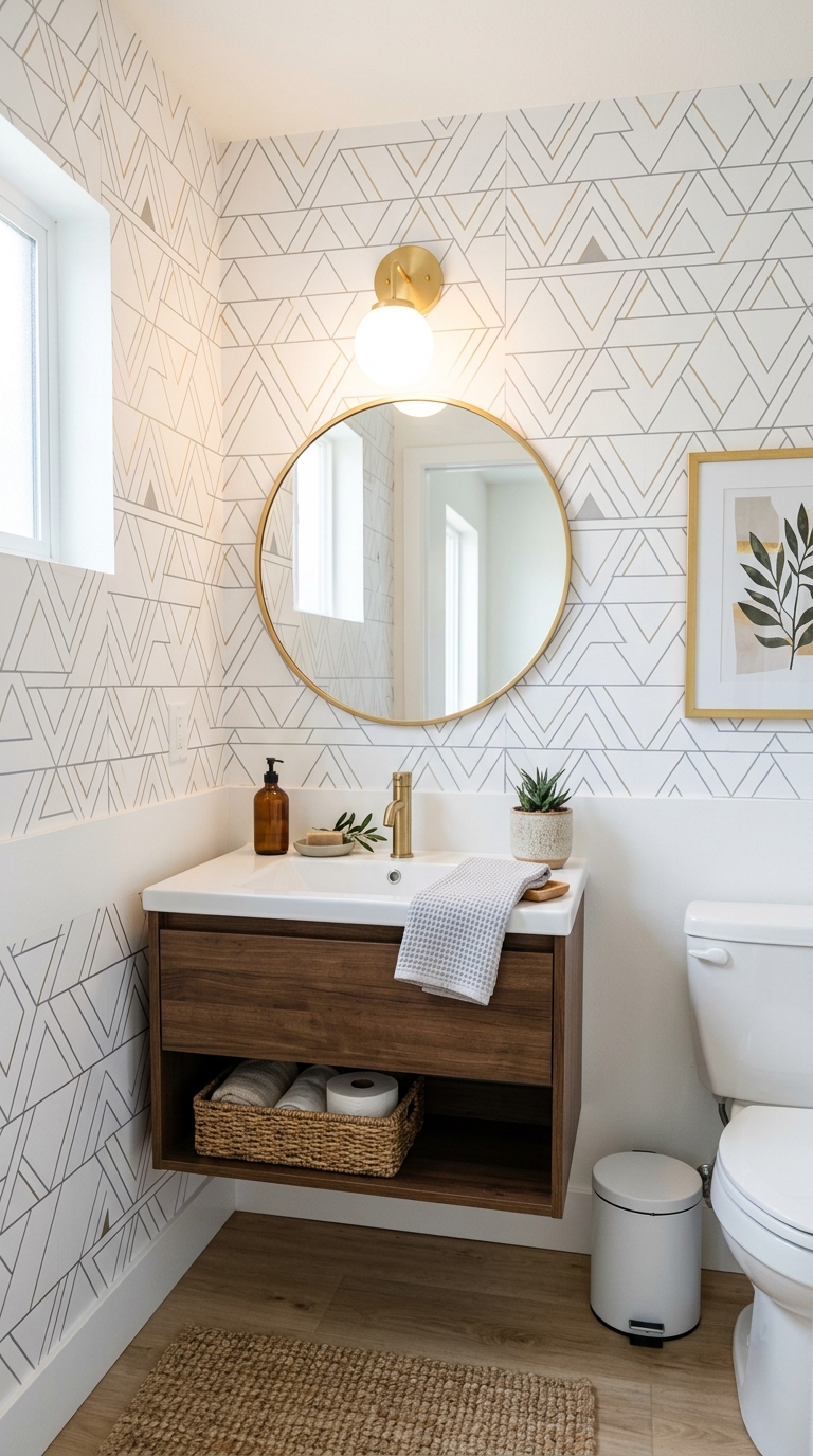 Renter-friendly half bathroom with peel-and-stick wallpaper and gold mirror