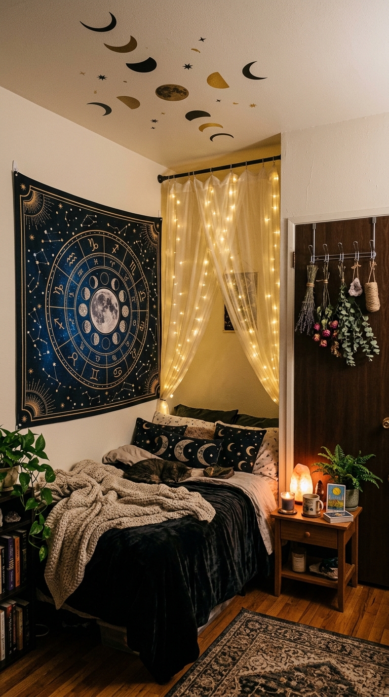 Renter-friendly witchy bedroom with celestial tapestry accent wall, sheer canopy with fairy lights, and dried flowers on over-door hooks — no paint or drilling needed