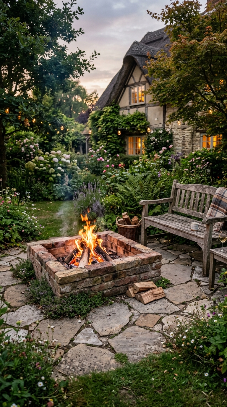 Rustic DIY repurposed brick fire pit in a cottage-style backyard with flagstone surround