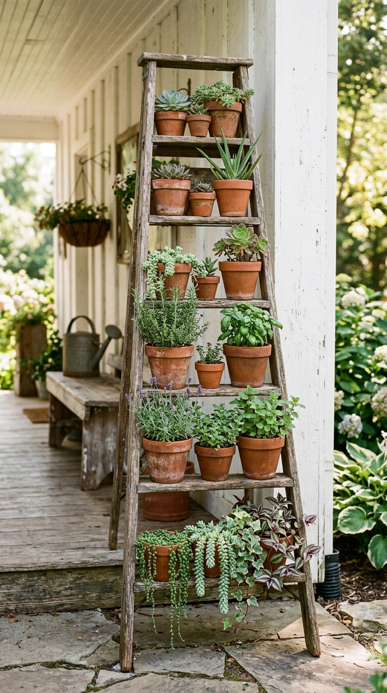 Repurposed weathered wooden ladder with terracotta plant pots on a rustic vintage front porch