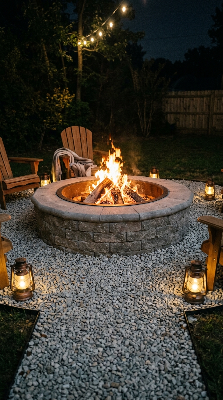 DIY retaining wall block fire pit with gravel surround and lanterns in a backyard