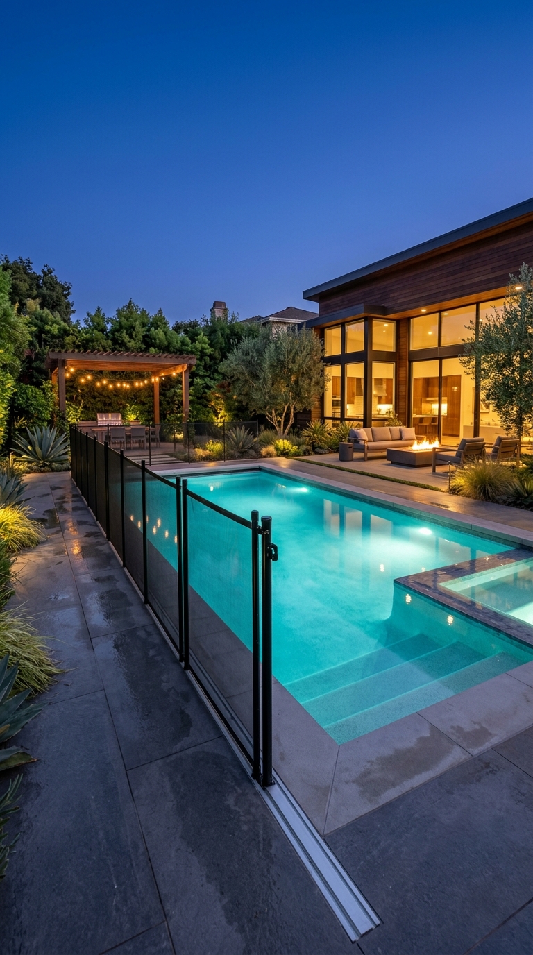 Automatic retractable motorized pool fence in a modern smart backyard.