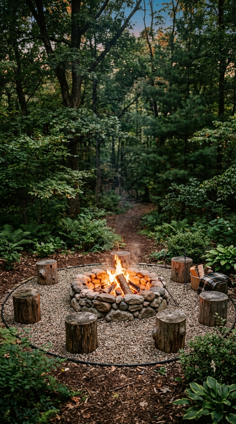 River rock bordered fire pit with log round seating and pea gravel inner circle in a woodland backyard