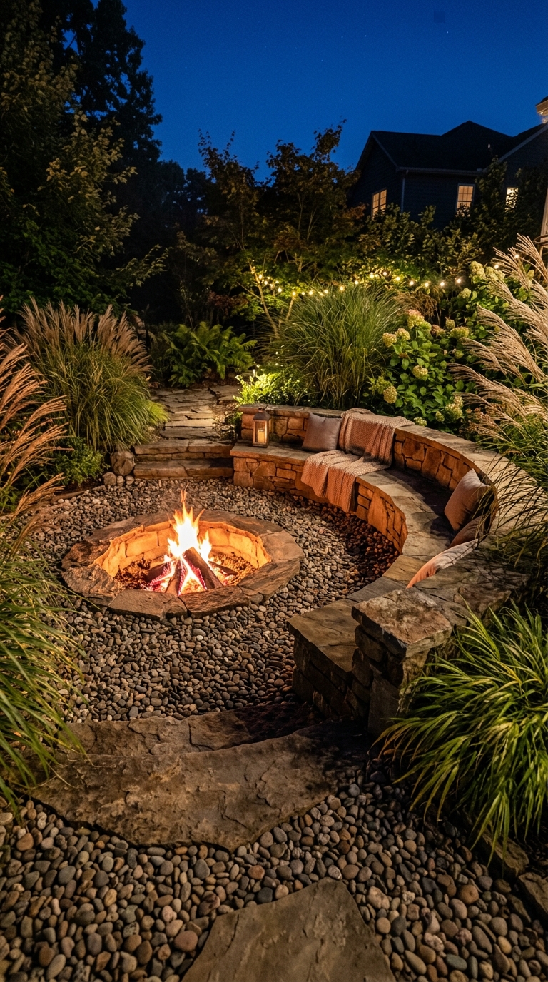River rock gravel zone with sunken fire pit center, flagstone walls, and curved stone seating in a dramatic backyard