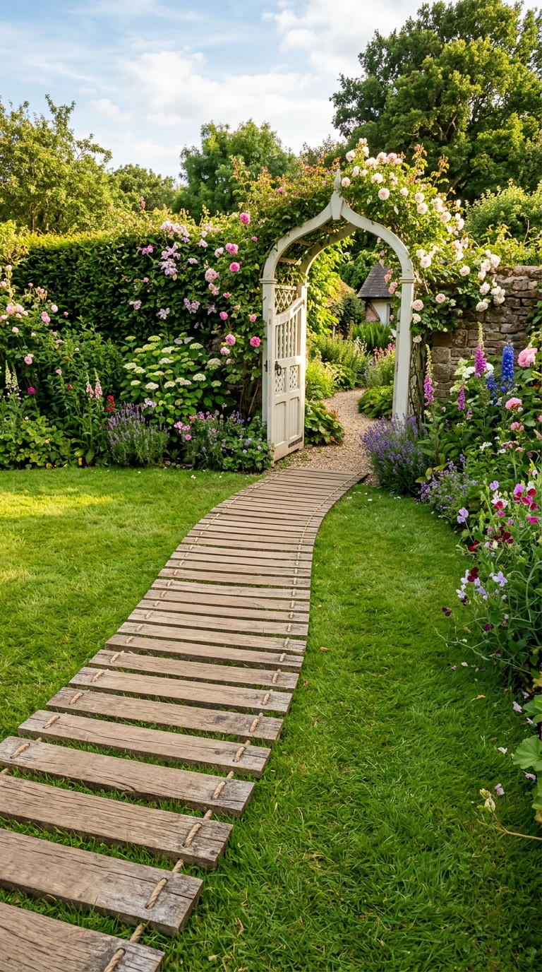 Roll out a portable wooden walkway across a backyard lawn