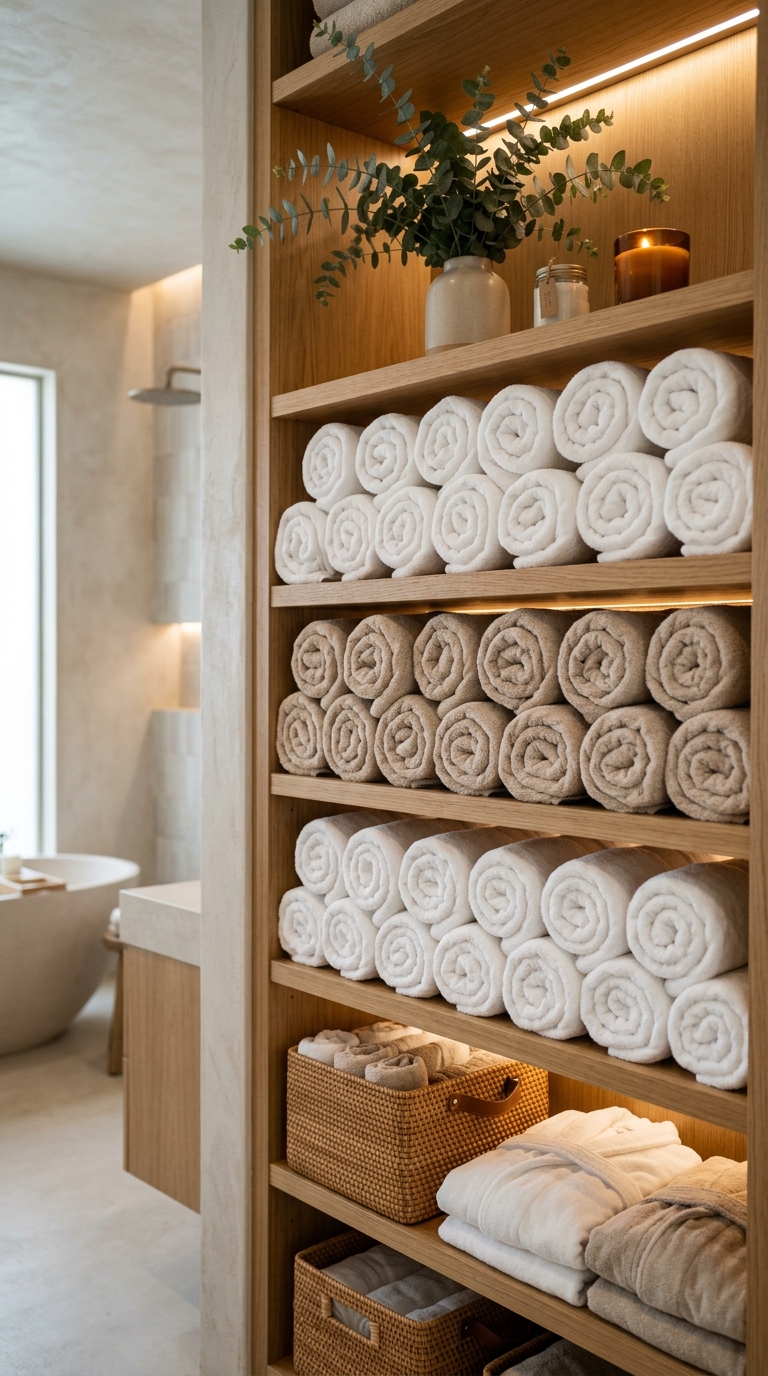 Rolled towels displayed in spa-style linen closet