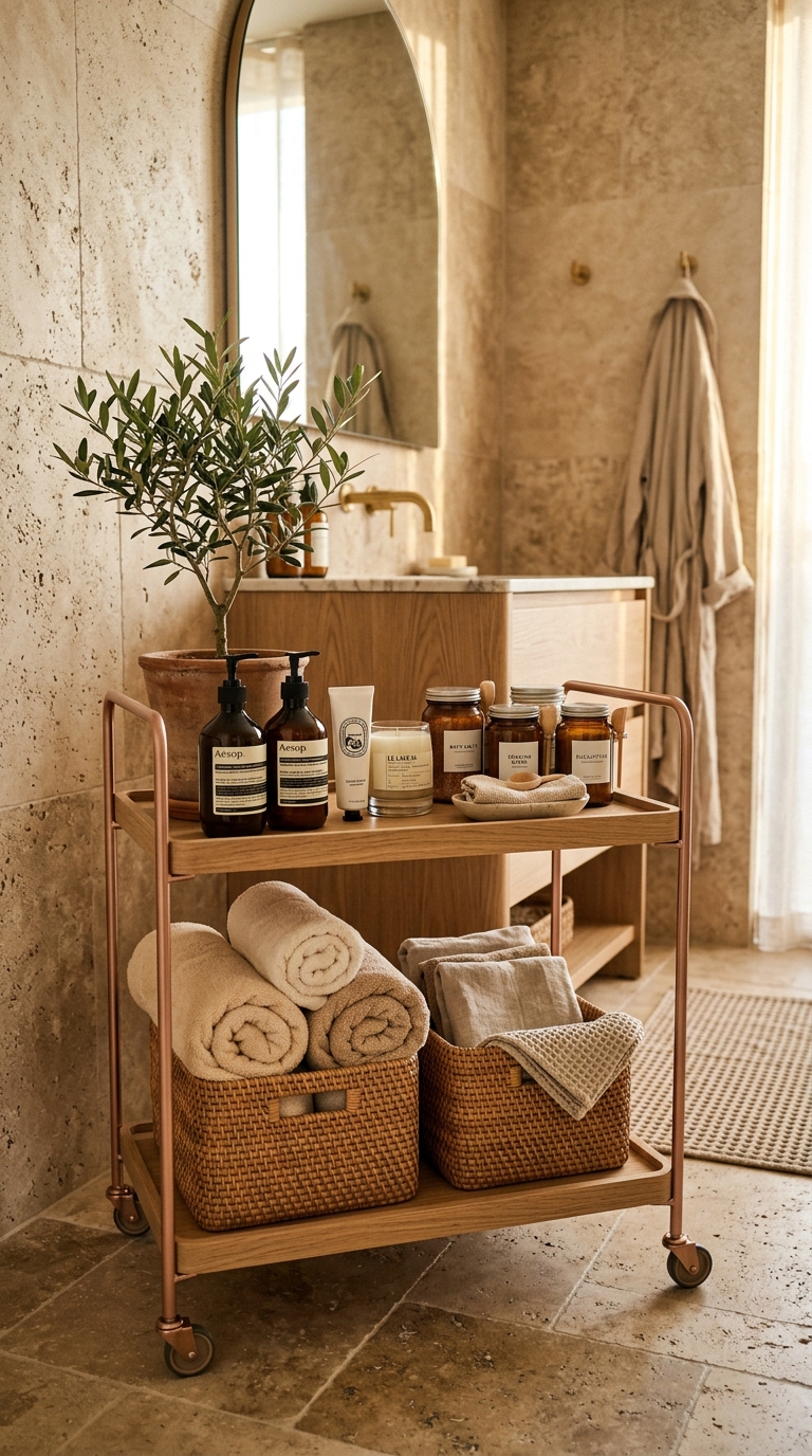 Rose gold rolling bathroom storage cart with baskets and towels for small bathroom organization