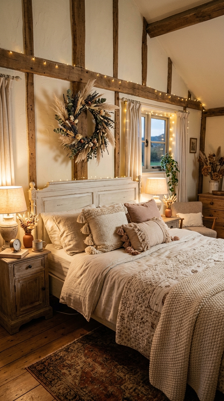 Romantic farmhouse master bedroom with tasseled pillows and dried florals
