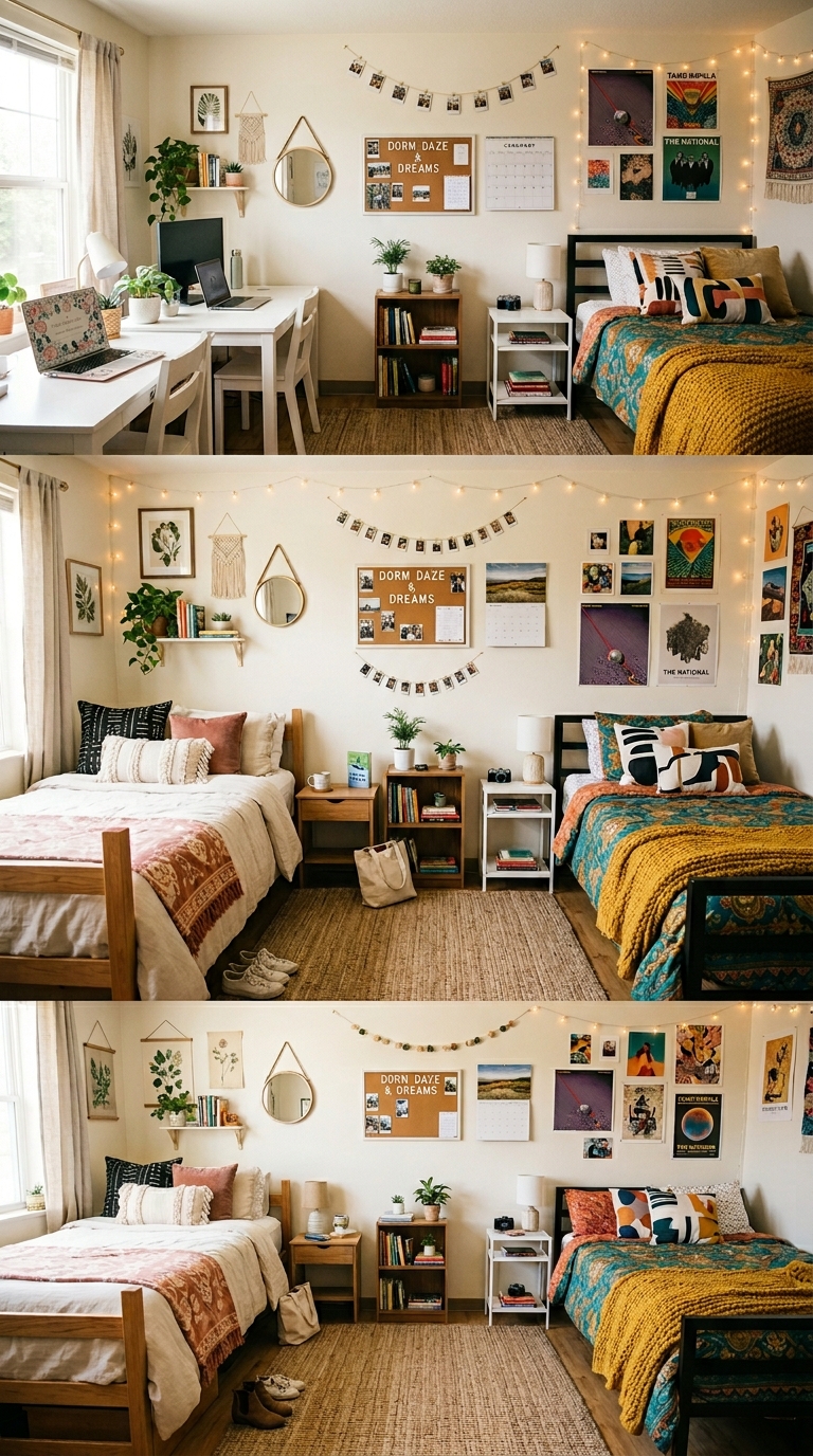 Shared dorm room with two individually styled beds and cohesive neutral decor