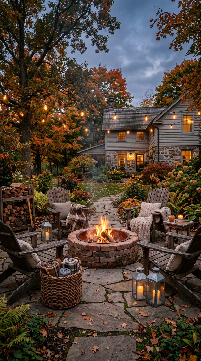 Rustic reclaimed brick fire pit with wooden Adirondack chairs