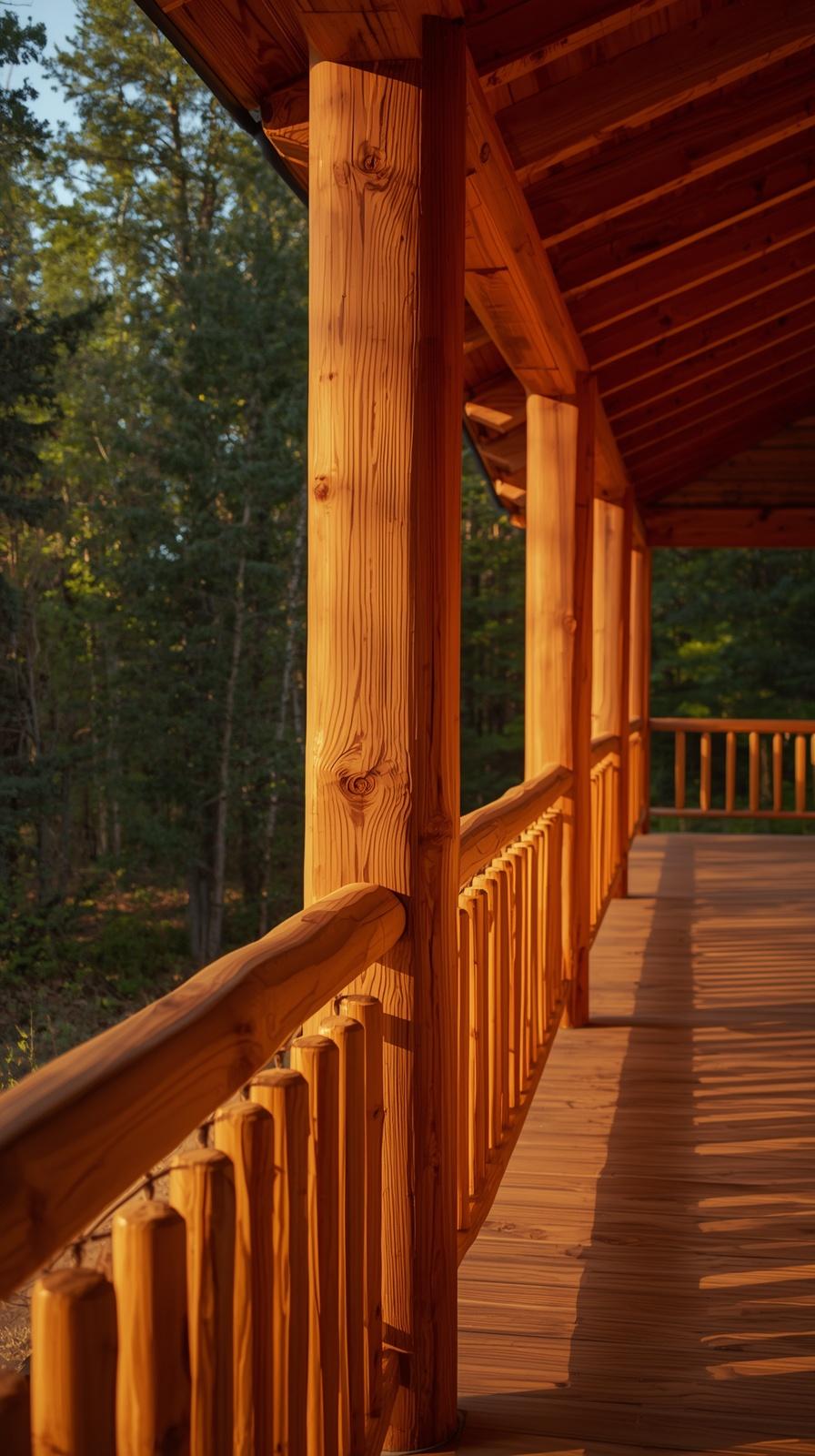 Rustic cedar post and rail porch railing on a cabin-style home surrounded by greenery