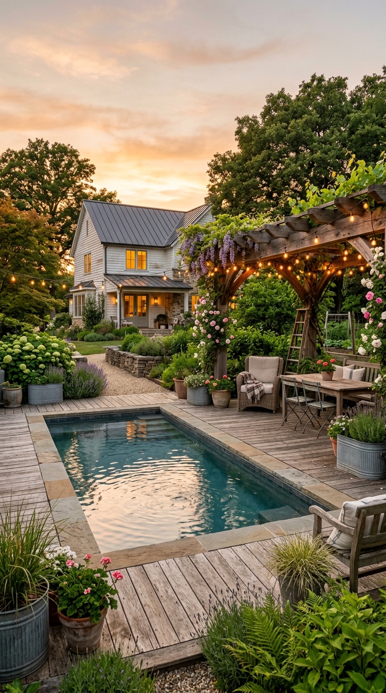 Rustic farmhouse swimming pool with reclaimed wood deck and vintage decor.