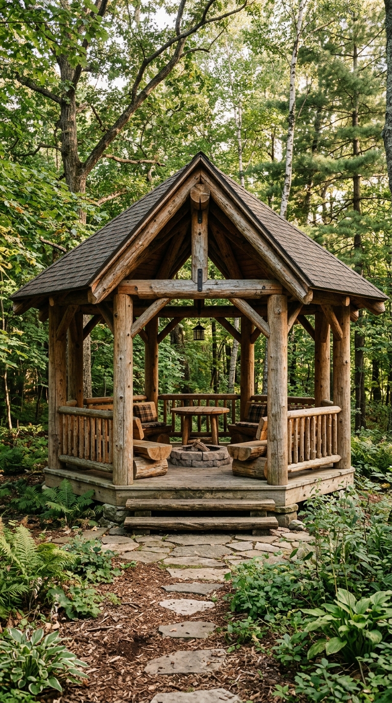 Rustic log gazebo backyard, wooded setting