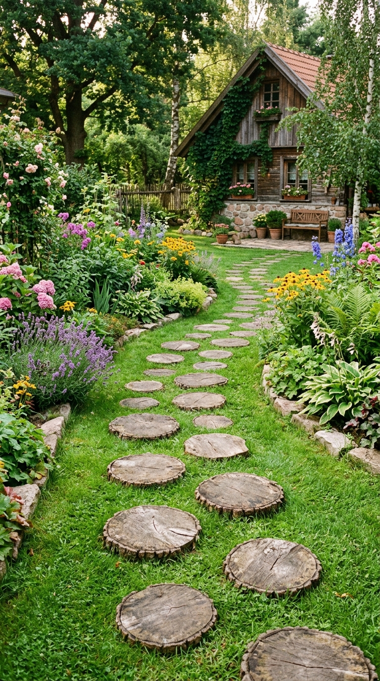 Rustic log slice wooden walkway path through a backyard garden