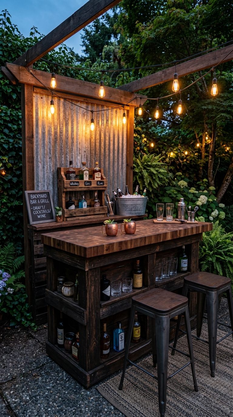 Rustic DIY pallet backyard bar with corrugated metal back panel, butcher block countertop, and Edison lights in an outdoor entertaining space