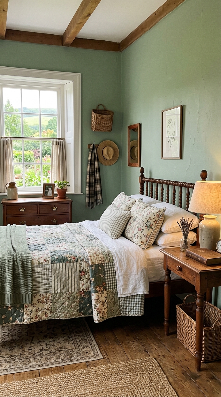Sage green farmhouse-style master bedroom with quilted bedding