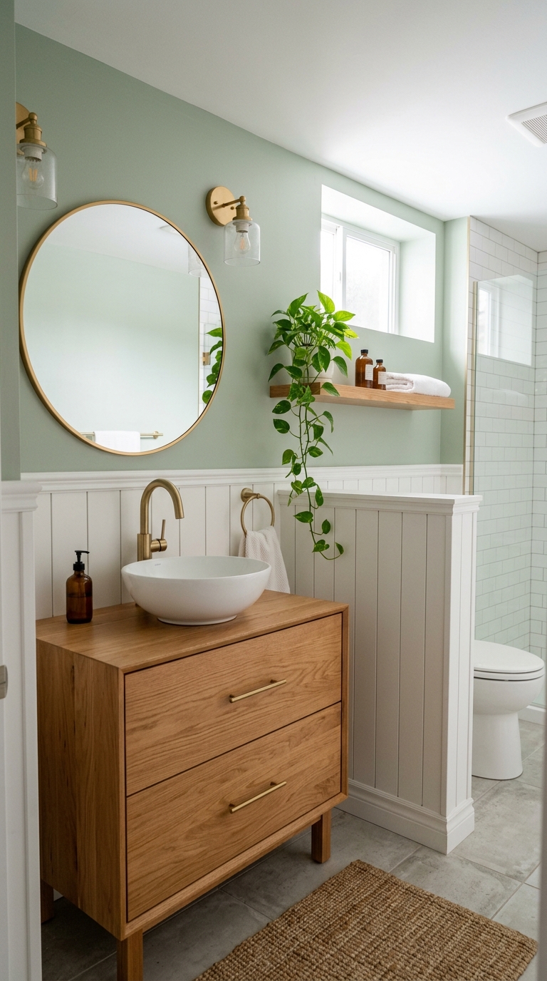 Sage green basement bathroom with white wainscoting, warm wood vanity, and gold fixtures