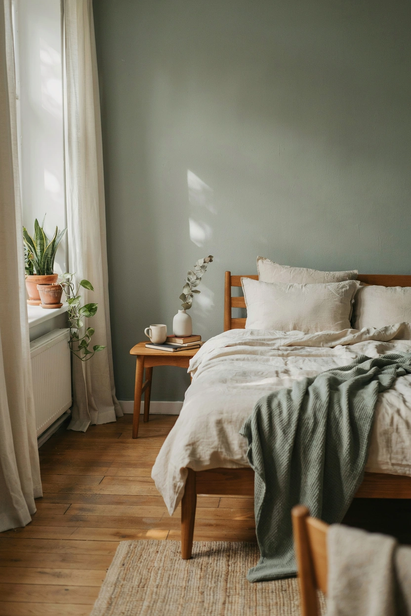 Sage green and brown earthy bedroom with warm wood furniture and natural plants — nature-inspired bedroom color idea